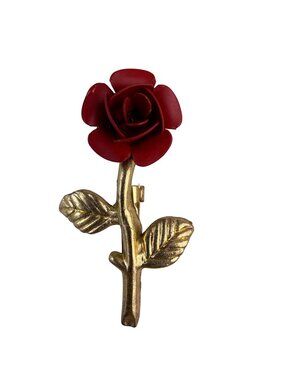 Vintage Unknown Womens Gold Tone & Red Enamel Rose Floral Brooch Pin